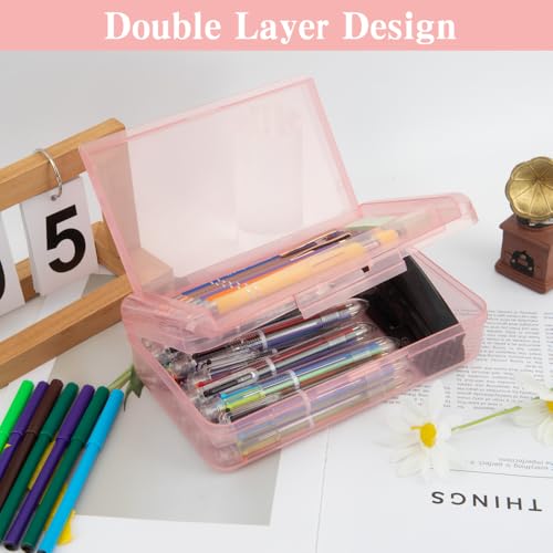Image of Pencil Case Box, Light Pink Double Layer Large Capacity Plastic Pencil Boxs, Clear Hard Pen Case with Snap-tight Lid,Storage Art Craft Box Marker Organizer for Kids Boys Girls Offices School Supplies