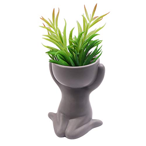 DIYOMR Bonita maceta decorativa de cerámica humanoide, para suculentas, cactus, bonsái, diseño para decoración del hogar, oficina, no incluye plantas (gris A)