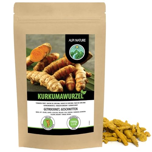 Alpi Nature Cúrcuma Raíz Cortada 1kg, Trozos de Raíz de Cúrcuma Secos y Cortados, Té Suelto