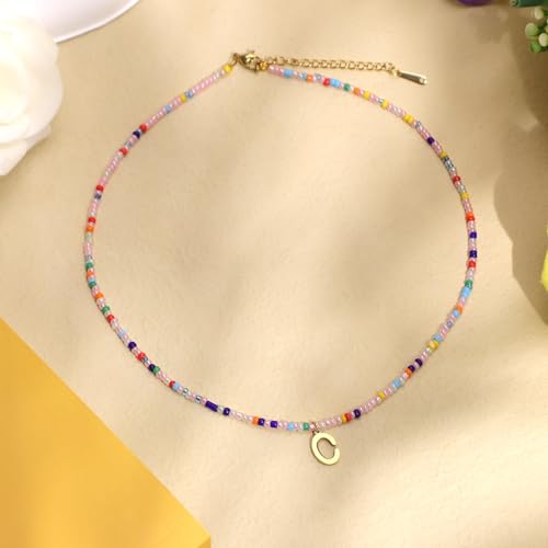 for Women Girls Letter PendantSummer Necklaces, Bohemian Beaded Necklace Colorful Beaded Initial Necklace Handmade Jewelry Gifts for Teens(C)3