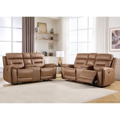 Image of ANJ Oversized Power Reclining Loveseat Sofa Set of 2 with USB&Type-C Charging Port, Breathable Faux Leather 2-Seater Electric Recliner Couch with Cup Holders & Storage Console for Living Room, Brown