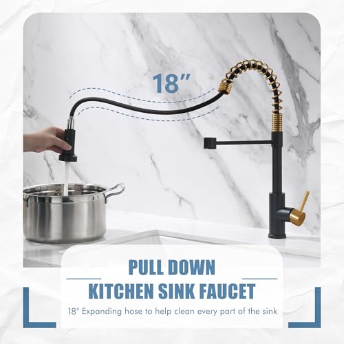 Image of GIMILI Black and Gold Kitchen Faucet with Pull Out Sprayer, Single Lever Spring Kitchen Faucet, Commercial Modern RV Faucet for Kitchen Sink, Matte Black and Brushed Gold