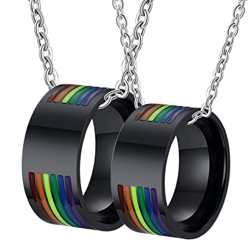 Colgante de anillo LGBT de 10 mm en acero inoxidable negro con esmalte arco iris