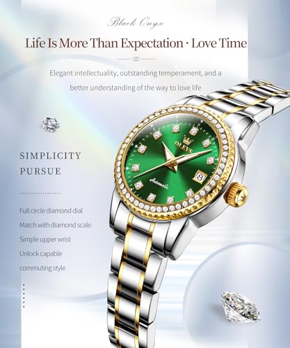 Image of OLEVS Womens Diamond Watches Automatic Mechanical Gold Luxury Dress Ladies Self Winding Original Stainless Steel Wrist Watch