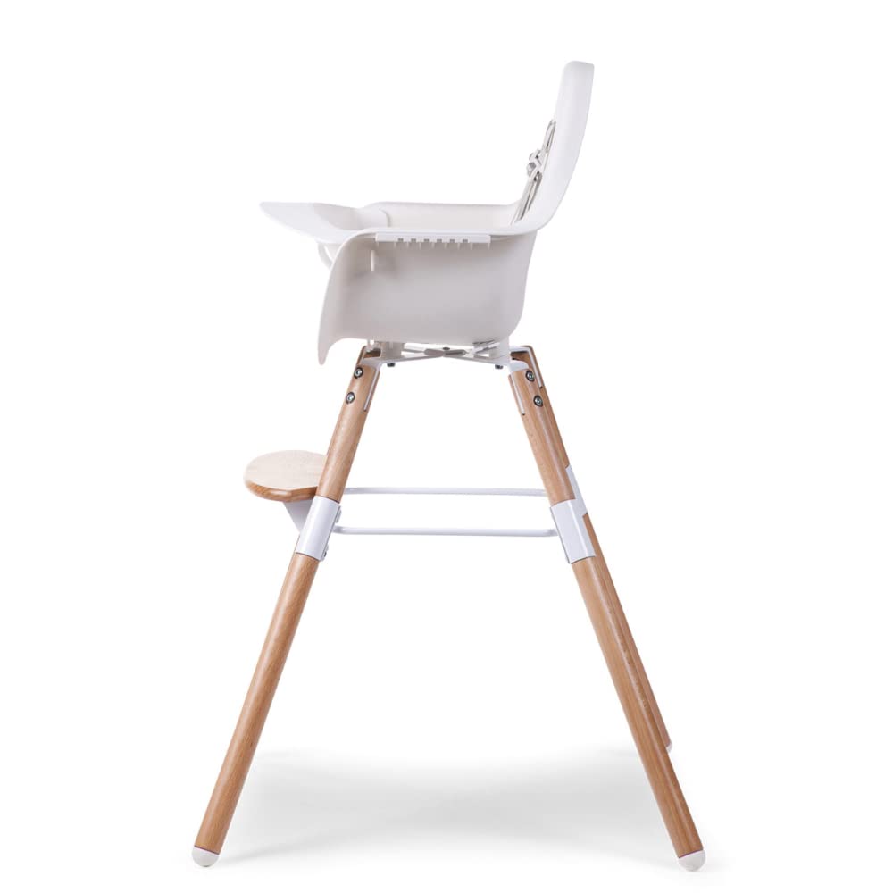 CHILDHOME, Chaise Haute Bébé/Enfant, Evolutive, Dès 6 mois, Réglable en Hauteur, Harnais 5 Points, Nombreux Accessoires, Compatible avec Transat Naissance Evolu, Bois de Hêtre, Evolu 2, Blanc