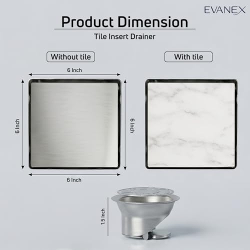 Image of EVANEX Square Tile Insert Shower Drain |304 Stainless Steel Waste Water Floor Drain with Cockroach Trap |6x6 Inches Invisible Shower Drain Channel|Bathroom Accessories Set