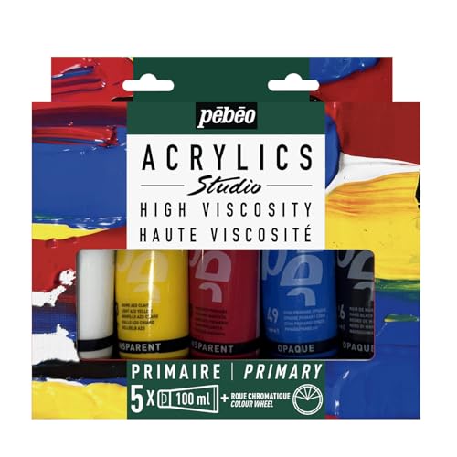 Pébéo - Set Peinture Acrylique - 5 Tubes 100 ml + Roue Chromatique - Couleurs Primaires - Qualité Fine Finition Mate Satinée