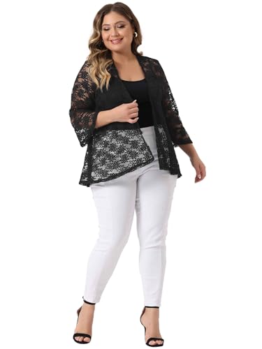 Agnes Orinda Plus Size Lace Cardigans for Women Open Front 3/4 Bell Sleeve Sheer Lace Crochet Formal Bolero Shrugs3