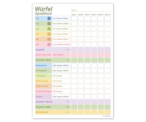 PICTALOO Würfelspiel Block DIN A5 bunt gut lesbar und übersichtlich gestaltet moderner Ersatzblock Spielblock groß auch für Senioren und Kinder geeignet Würfel Spiel Set Familienspiel (1)