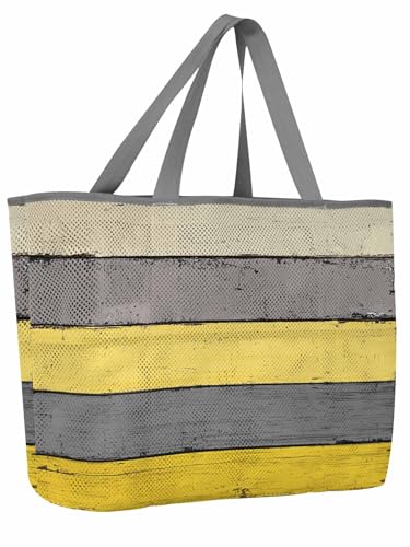 Beach Bags Women Mesh Tote Bag Yellow Grey Gradient Stripe Toy Grocery Pool Bag with Pockets for Travel/Picnic/Shower