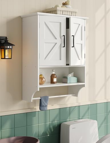 Tatub Farmhouse Bathroom Wall Cabinet, Wall Mounted Wood Medicine Cabinet Over Toilet, Hanging Bathroom Organizer with Behind Door Storage, White