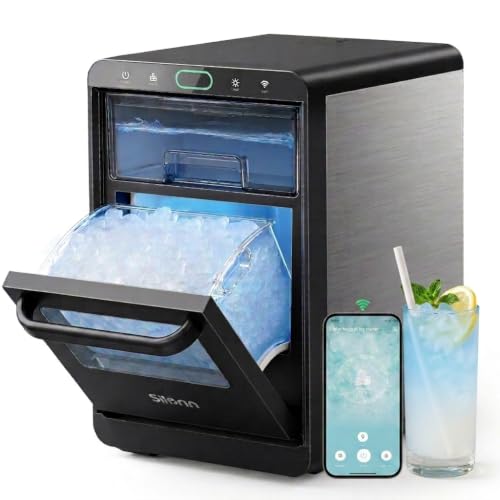 Nugget Ice Maker Countertop - Silonn Smart Pebble Ice Machine, Pellet Ice 44 lbs per Day, Crushed Ice from Timer Function and Status Alerts with Silonn App, Stainless Steel