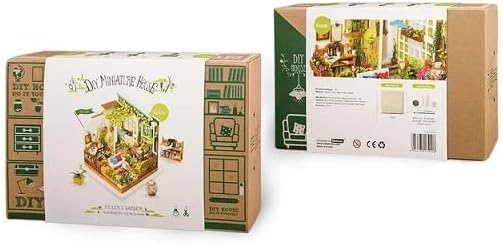 Two views of the ROBOTIME Miller's Garden Model kit packaging, showing the front and side designs with product illustrations.