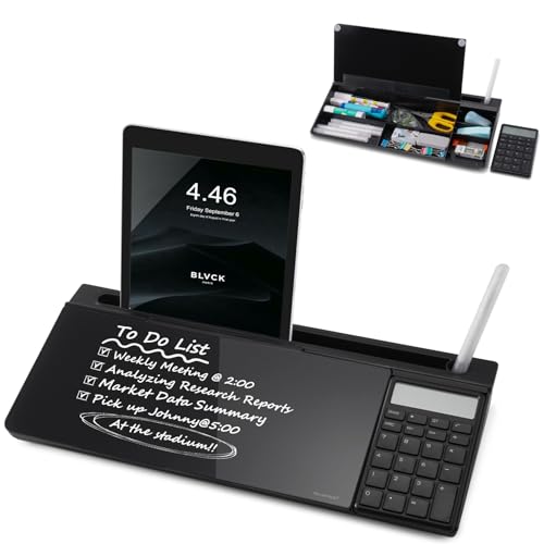 Image of Small Glass Desktop Whiteboard Dry-Erase-Board - Computer Keyboard Stand with Calculator White Board Surface Pad with Drawer, Desk Organizers with Accessories for Office, Home, School Supplies - Black