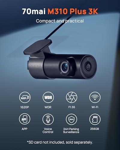 70mai Wifi Mini Dash Cam M310 Plus 3K, Smart Voice command 1620P QHD Dash Camera for Cars, WDR, Night Vision, 24H Parking monitor with APP control, Time-Lapse recording, Collision detection - Image 3