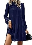 KIRUNDO Long Sleeve Baby Doll Dresses Women 2026 Casual Spring Summer Ruffle Mock Neck Tiered Mini Flowy Swing Shift Dress(Navy, Large)