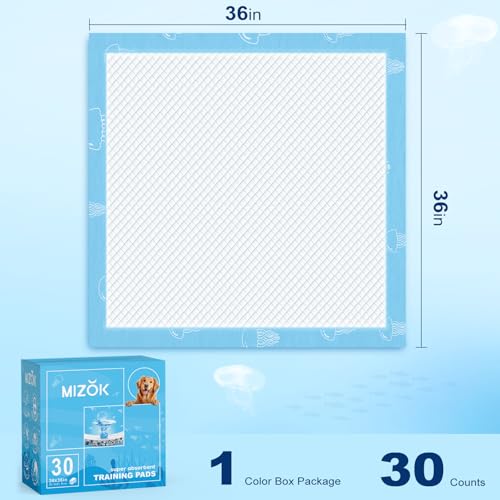 Image of MIZOK 36x36in Dog Pee Pads Jumbo Disposable Dog Training Pads Super Absorbent Up to 11 Cups Marine Scented Odor-Control Dog Pads with Jellyfish Pattern, Quick Dry & Leak-Proof (30 Counts)