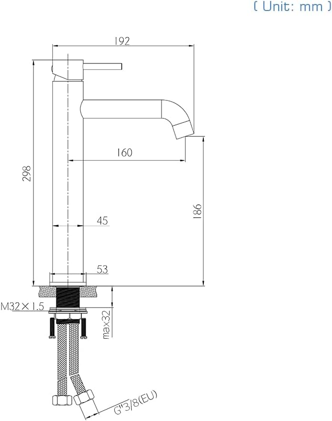 Side view dimensions of the faucet