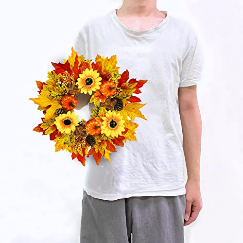 [ Prelit & Timer ] Fall Wreath Sunflower Decor For Front Door 20 Led Mixcolor Maple Leave Pumpkins Pinecone Berry Acorn Autumns Wreath Fall Thanksgivings Home Outdoor Decor 16 Inch #TOP6