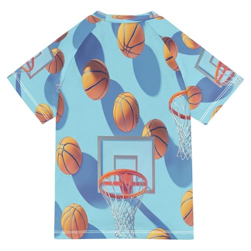 Boys Short Sleeve T-Shirts Basketball Hoop Blue Rashguard Kids Swim Shirts Sun UPF 50+2