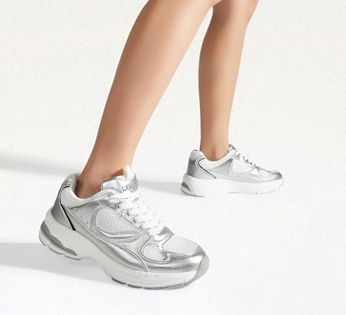 Lucky Step Damskie buty do biegania platforma grube trampki do chodzenia oddychająca siatka wygodne lekkie modne codzienne tenisowe buty dla taty, Srebrny, 37 EU
