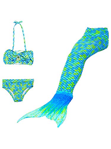 VogueFashion 3Pcs Summer Girls Swim Top and Bottoms with Mermaid Tail Bikini Set (Green, 10-11 Years), 12