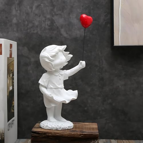 Estatua de Niña con Globo en Forma de Corazón Blanca
