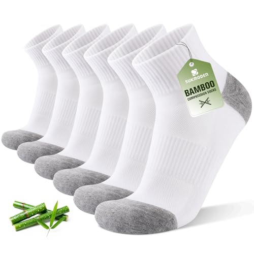 SukModen Compression Ankle Support Running Socks Men Women 3 Pairs Quarter Bamboo Breathable Trainer Socks Wicking Plantar Fasciitis Relief Athletic for Sports Tennis White Grey 9-11