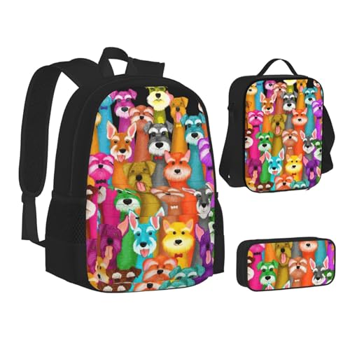 Oil Cute Schnauzer Dogs Print 3 Piece Set Backpack, Lunch Bag, Pencil Case, Cute Sturdy For College And Travel2
