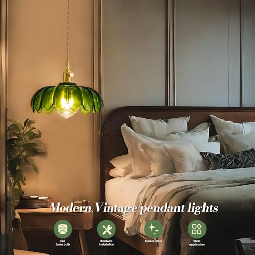 Plug in Pendant Light, Hanging Lights with Plug in Cord, Hanging Light Fixture with Green Glass, E26 Pendant Lighting for Kitchen Island, Bedroom, Dining Room, Living Room - Image 3