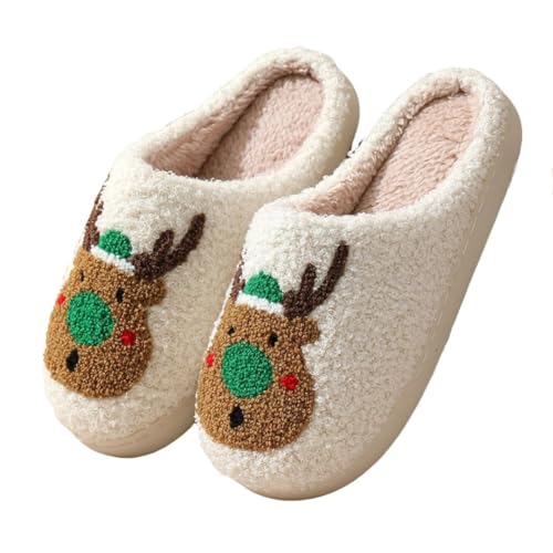 Snugeasy Christmas Slippers Reindeer for Womens Mens Soft Plush Comfy Warm Fuzzy Slippers Red Moose Santa Claus Indoor Outdoor Slip On House Slippers Christmas Gifts, Green Elk, 5.5-6 Women/4.5-5 Men