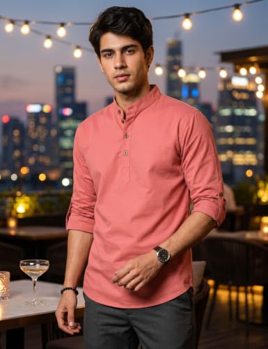 Image of Fifth U Men's Cotton Polyester Blend Solid Mandarin Collar Self Design Full Sleeve Casual Short Kurta