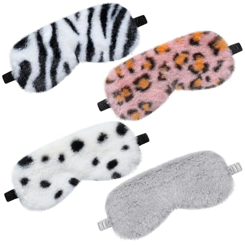 4ピース フラシ天アイマスク シルク毛皮のような睡眠マスク 快適な目隠しアイカバー カラフルなサテンナイトアイシェードカバー レディース メンズ 睡眠 旅行 昼寝 睡眠 (ヒョウ柄、クラシックカラー)