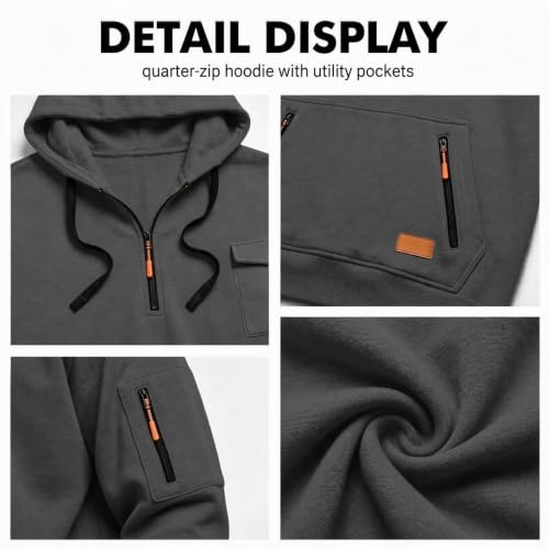 Work Hoodies for Men Quarter Zip Pullover Utility Pockets Hooded Sweatshirt - image 6