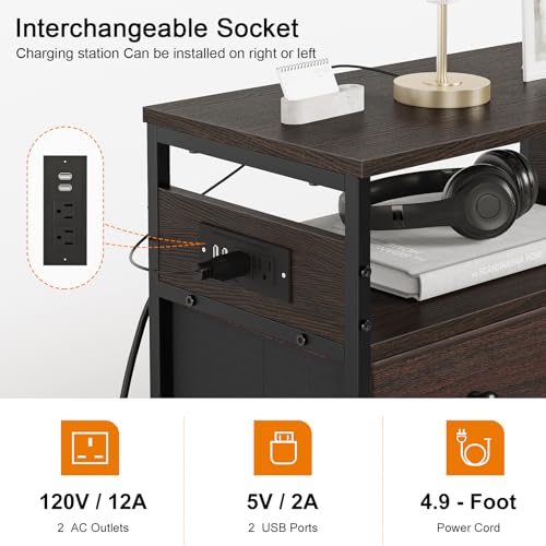 Image of REAHOME Nightstand with Charging Station and LED Light, Tall Brown Night Stand with 4 Drawers and 2-Tier Shelf, Modern End Table with Wooden Top for Bedroom, Living Room, Hallway - Rustic Brown