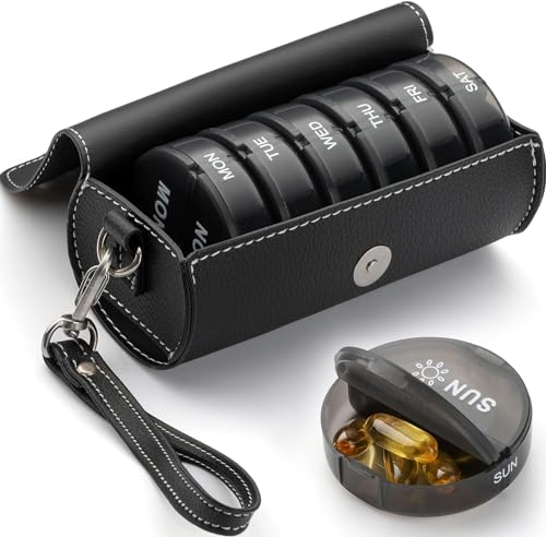 Yaklim Weekly Pill Organizer 2 Times a Day AM PM Large Daily Pill Box with PU Leather Case for Travel Round Medicine Organizer 7 Day Pill Container for Vitamin Fish Oils Supplement-Black