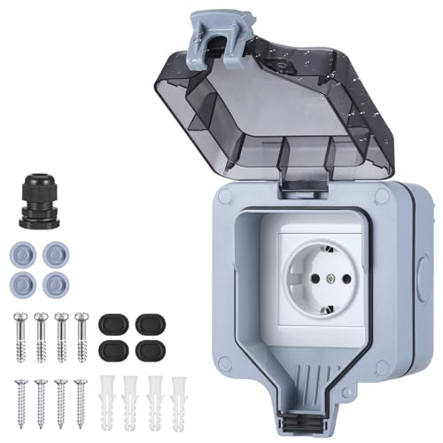 JIZZU Prise Exterieure Etanche IP66，Prise Electrique Exterieur avec Couvercle Anti-Poussière, Prise Voiture Electrique pour les Jardins，Salle de Bain et Cuisine Prise