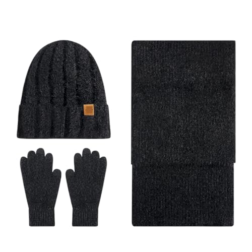 VintermöSsa Vantar Halsduk Set Vinter Tjock Varm Utomhusstickad Mössa Och Halsduk Med Handskar, Sportset Vintersporter(Black)