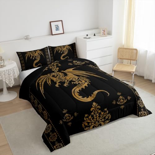 Image of Feelyou Dragon Bedding Set Kids Boys Teens Gothic Damask Paisley Floral Comforter Set Full Size Women Bohemian Exotic Duvet Insert Animal Theme Room Decor,Gold Black