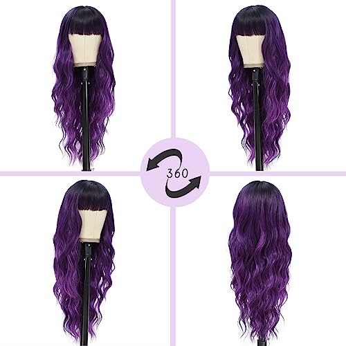 Image of NAYOO Ombre Purple Wigs with Bangs for Women,24 Inch Wavy Synthetic Wig