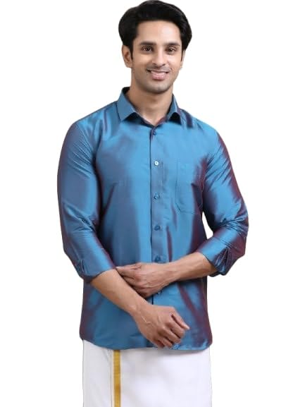 Image of Tattva Men Silk Blend Ethnic Shirt | Traditional South Indian Wear for Wedding, Festivals & Casual Wear