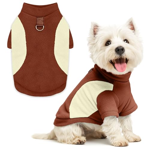 Image of Small Fleece Dog Sweater with Leash Ring Soft Warm Fall Winter Dog Clothes Cute Cat Apparel Puppy Sweaters Classic Pullover Doggy Sweatshirts Chihuahua Costumes Cat Outfits(Brown,XS)