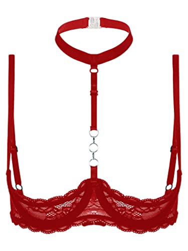 Loloda Woman's Underwire Push Up Shelf Bra 1/2 Cup Demi Balconette Hollow Out Unlined Bra Crop Top Red X-Large