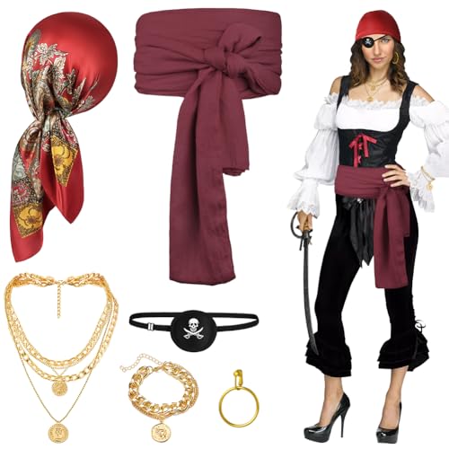 Alaoo Zestaw akcesoriów do kostiumu pirata z akcesoriami kapitana, bandana, szarfa, pas, opaska na oko, wisiorek z kotwicą na łańcuszku do średniowiecznego renesansowego kostiumu pirata, impreza