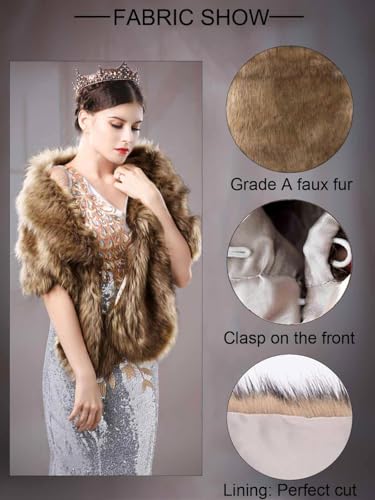 Aukmla Women's Wedding Fur Wraps and Shawls Bridal Fur Stoles Scarf with Rhinestones Brooch for Bride and Bridesmaids