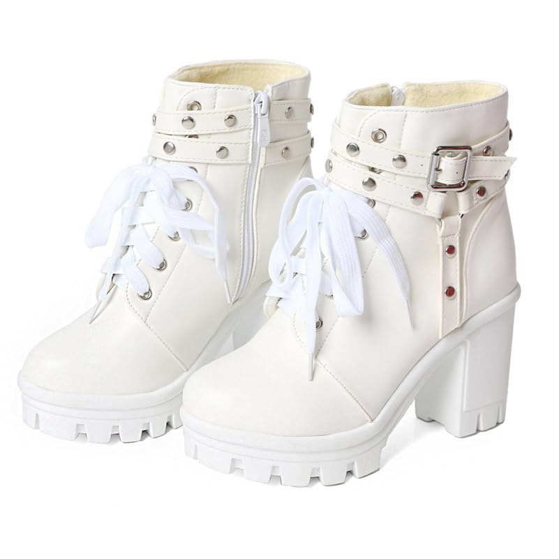 FOREADA Platform Boots For Women Black Chunky Boot Goth Ankle Booties Bead Lace Lolita Dress Shoes With Zipper