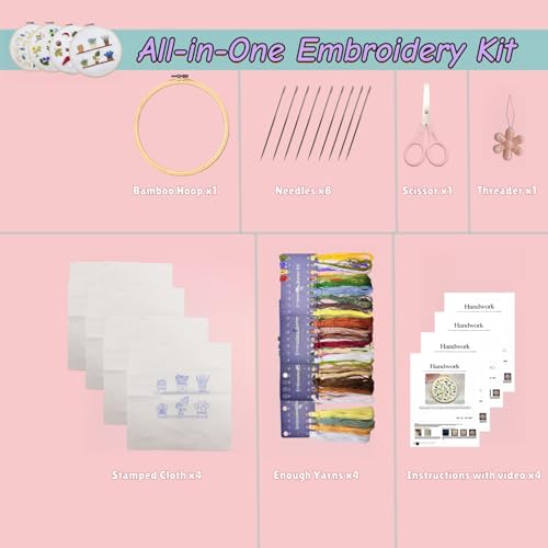 Image of Speedura 4-Set Embroidery Kit for Beginners - Easy Needlepoint Starter Kit for Adults to Learn Hand Embroidery with Stamped Designs, Cross Stitch Patterns, and Fun DIY Projects (Nature's Beauty)