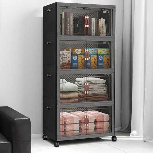 Image of UAMFURI Stackable Storage Bins with Lids, 192QT Closet Organizers, Lockable Storage Cabinet,Foldable Storage Box with Doors and Wheels, Plastic Drawers for Home, Garage, Office (4, Black, Medium)