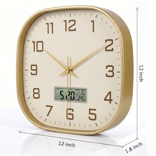 Image of STAR WORK 12 inch Inch Square Silent Non-Ticking Quartz Movement Wall Clock with Analog & Digital Display | Easy-to-Read Numbers | Modern Design for Living Room, Bedroom or Office (White - Gold Digital)