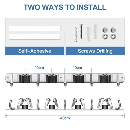 ibell 2 Stück Besenhalterung Wand, Gerätehalter Edelstahl mit 4 Halter und 5 Haken, Gartengerätehalter Mopphalter Wandhalterung Selbstklebend Werkzeughalter Wandhaken für Badezimmer Garten Garage